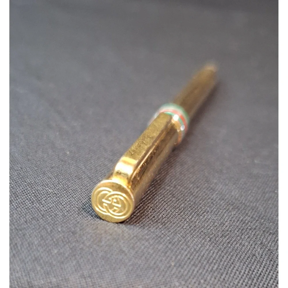 Vintage Gucci Gold Tone Ballpoint Pen Green Red Sherry Line Stripe GG Logo‎